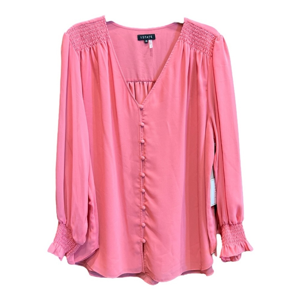 1.STATE Cherry Blossom Smocked Button Front Blouse Pink  SZ 2X